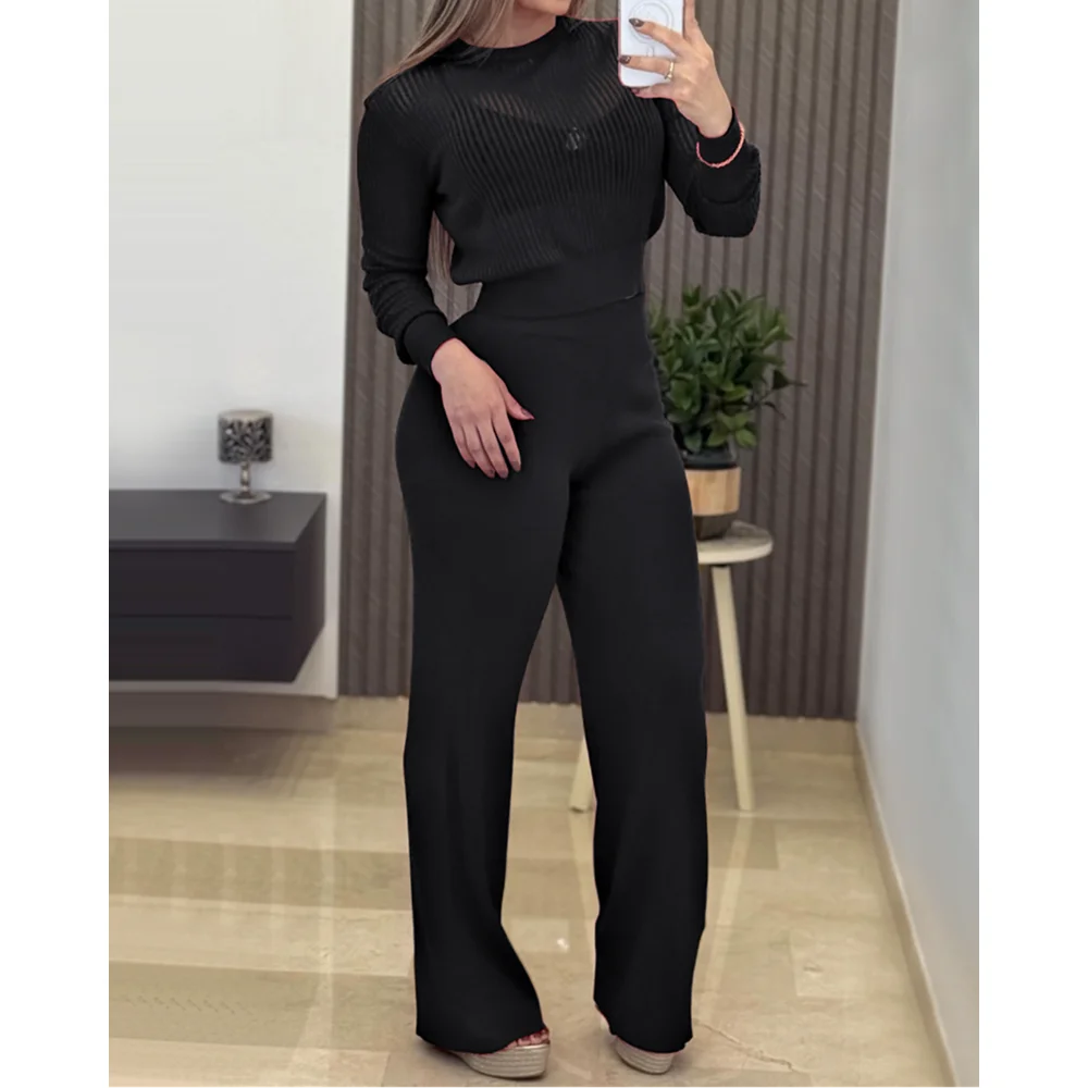 

Elegant Two Pieces Round Neck Long Sleeve Vertical Pit Texture Top and Casual Wide Leg Pants Set for Women Autumn Winter