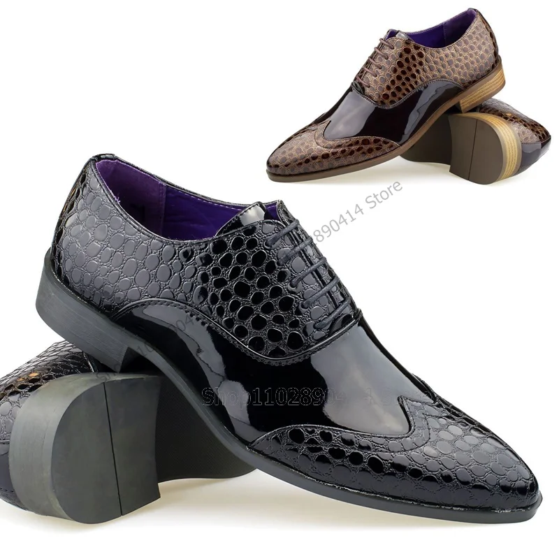 

Black Brown Alligator Print Patent Leather Men Derby Shoes Fashion Lace Up Male Shoes Luxurious Handmade Office Men Dress Shoes