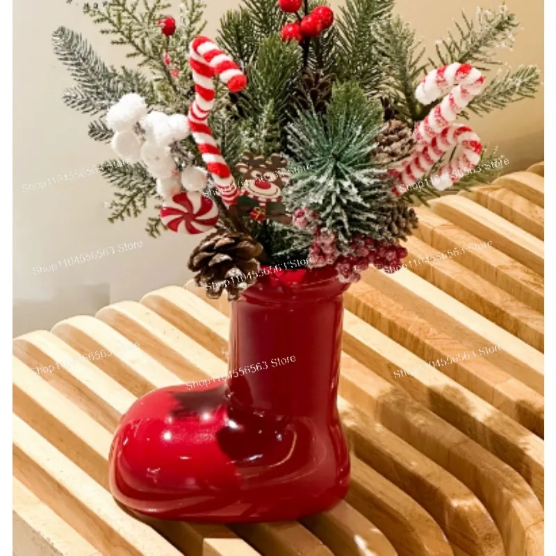Christmas Red Boots Vase for Flower Arrangement, Simulated Pine Branches, Living Room Desktop Front Desk Xmas Ornament
