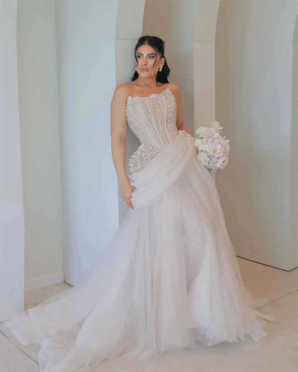 Vestidos De Noche De tul con temperamento personalizado, vestidos De fiesta sin mangas sin tirantes a la moda, Vestido De fiesta con tren De corte