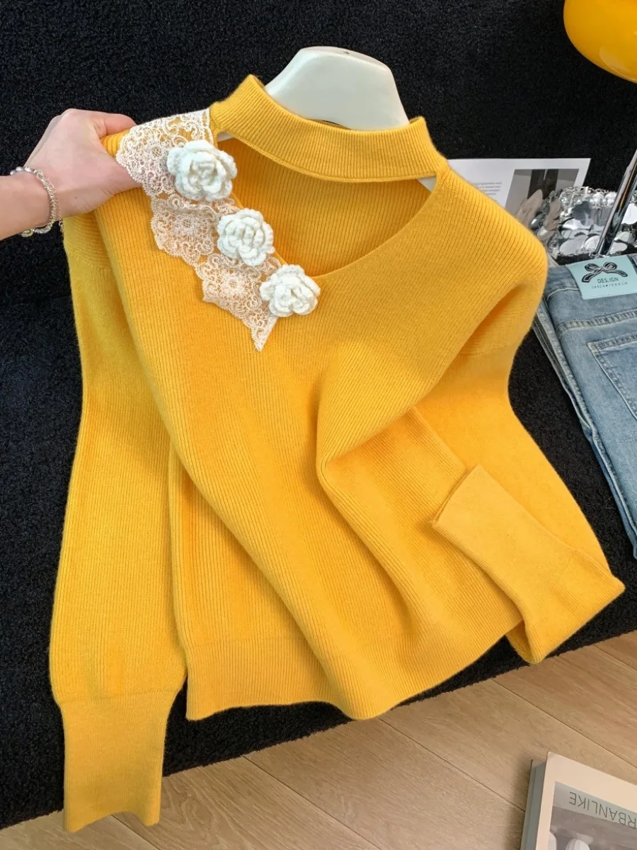 المرأة محبوك سترة الجوف خارج عالية الياقة ثلاثية الأبعاد زهرة تصميم الخريف الشتاء جديد Sle النسخة الكورية سليم صالح Camere