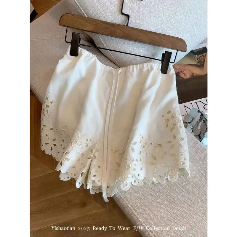 

Retro Hollow Embroidered Drawstring Shorts Women's Summer New Simple and Comfortable Pants
