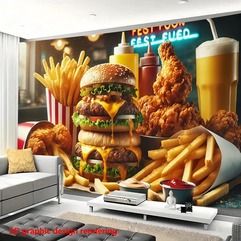 Fast Food Burger Tapestry, Fried Chicken Fries Wall Hanging, Retro Neon Diner Decor for Kitchen Bedroom Dorm Background