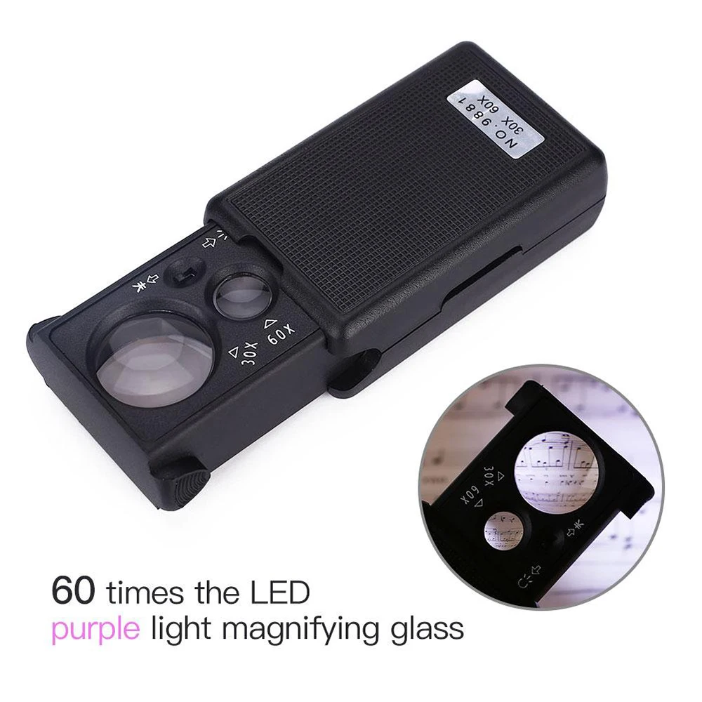 Pocket LED Magnifying Glass Jewellery Magnifier Microscope 30X 60X Portable Slide Out Loupe UV Light Tweeze Magnifying Lens