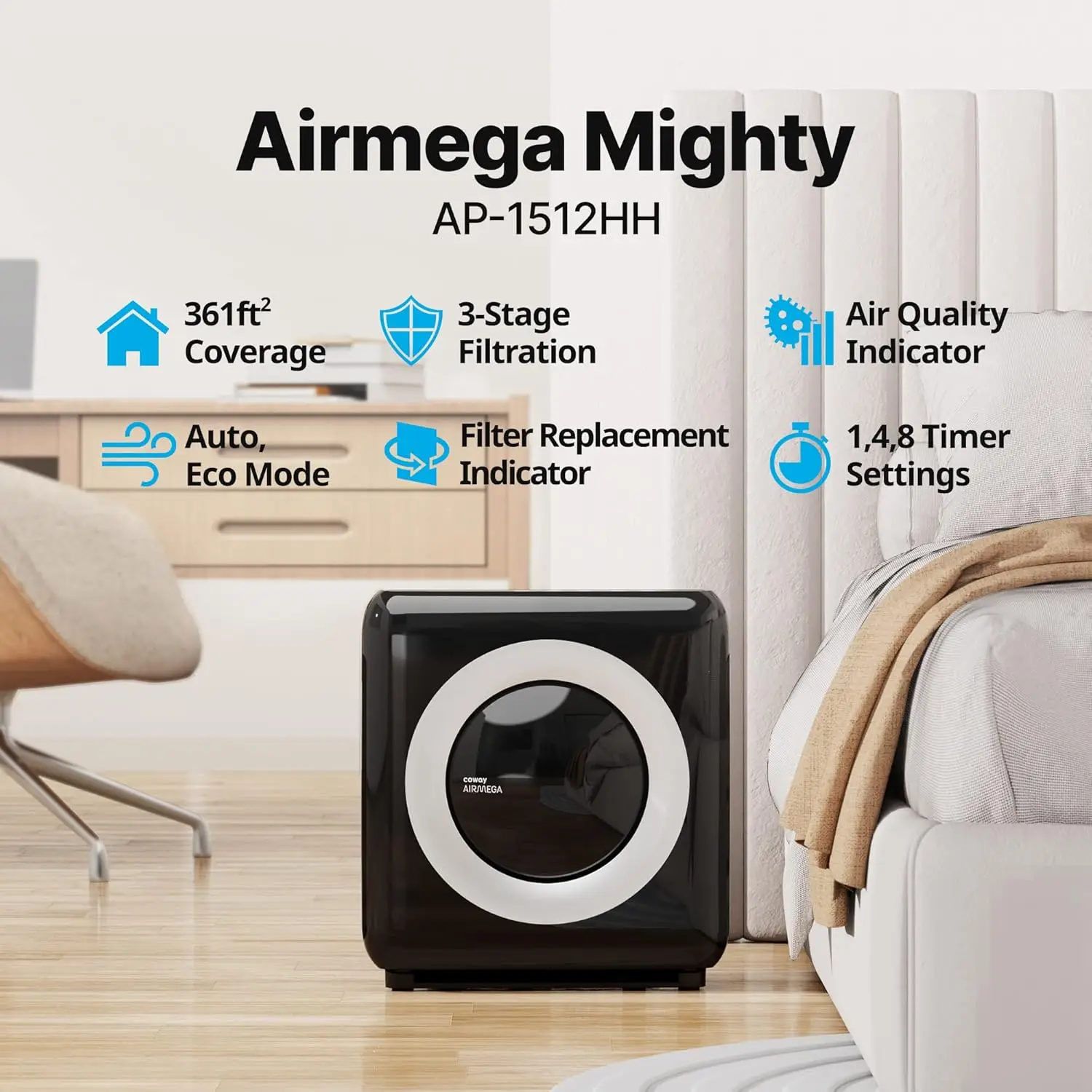 Airmega AP-1512HH True HEPA Air Purifier with Air Quality Monitoring Auto Mode Timer Filter Indicator Eco Mode