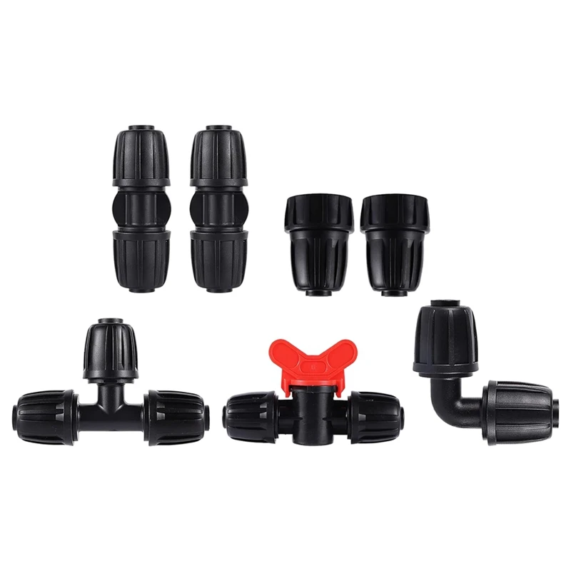 16Mm PE Irrigation Pipe Fittings Kit 16-Piece Set For 4Mm Soft Hose Tee Valve Reducing Tee 6-Way End Cap Elbow Connector