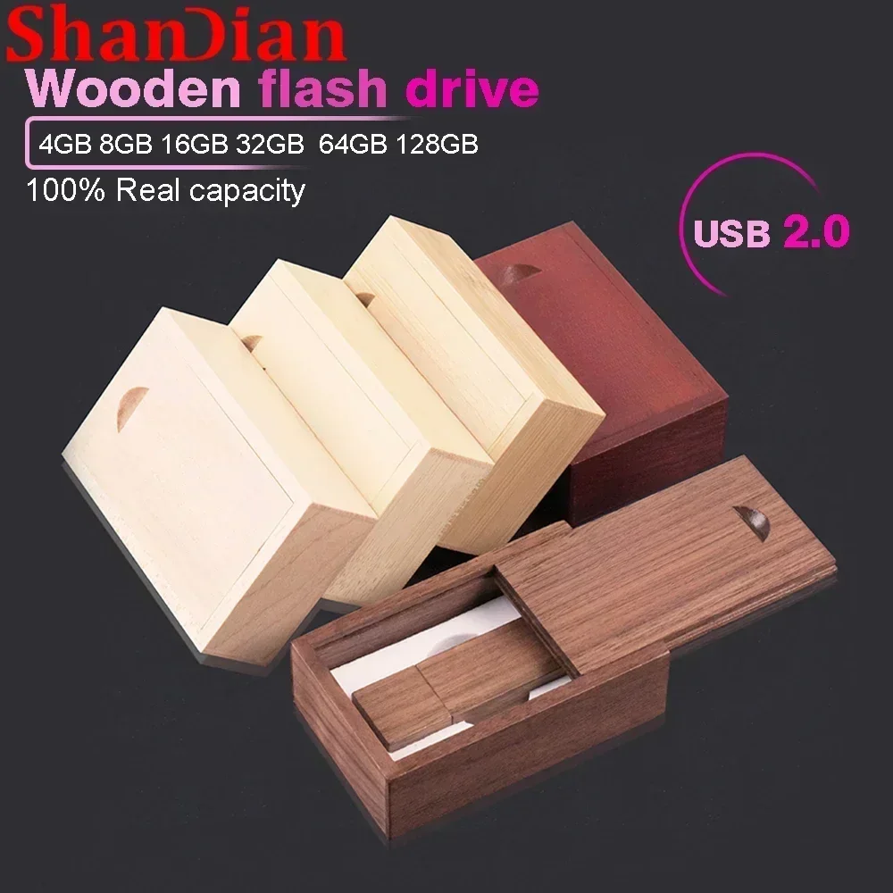 SHANDIAN Wooden USB Flash Drive 128GB Fashion Gift Box Memory Stick 64GB 100% Real Capacity Pen Drive 32GB Creative U Disk 16GB