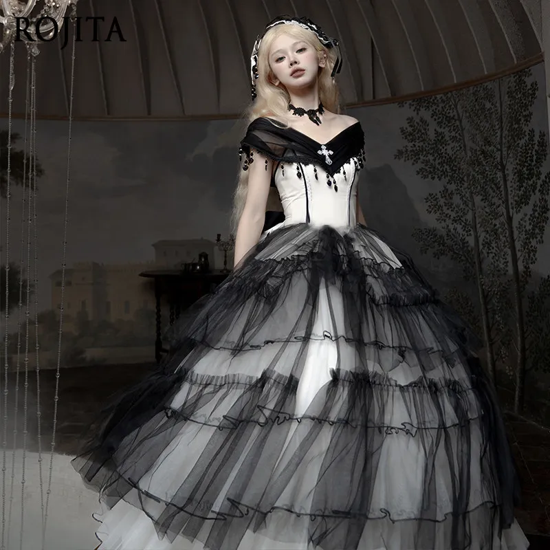 Vestido de novia gótico de diseño Original de Lolita con hombros descubiertos, preciosa falda en capas, vestido negro de Lolita con lazo para mujer