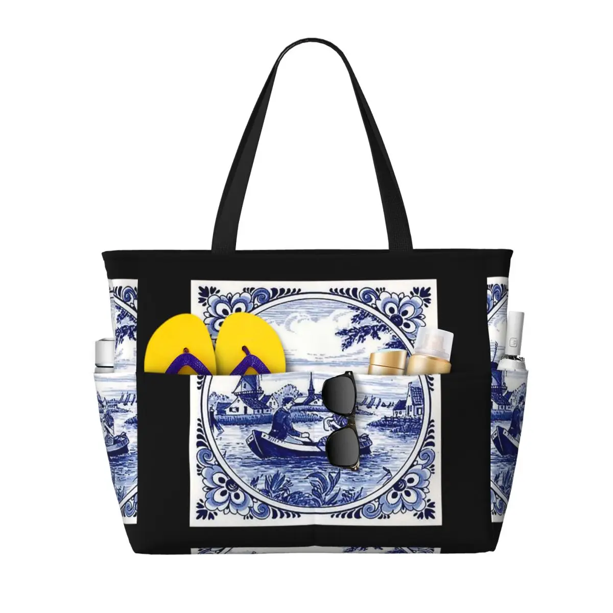 Dutch Blue Delft Windmill Church And Sailboats Beach Tote Bag Sport Gym Yoga Duffle Large Tote Bag Women Travel Bag Fitness bag