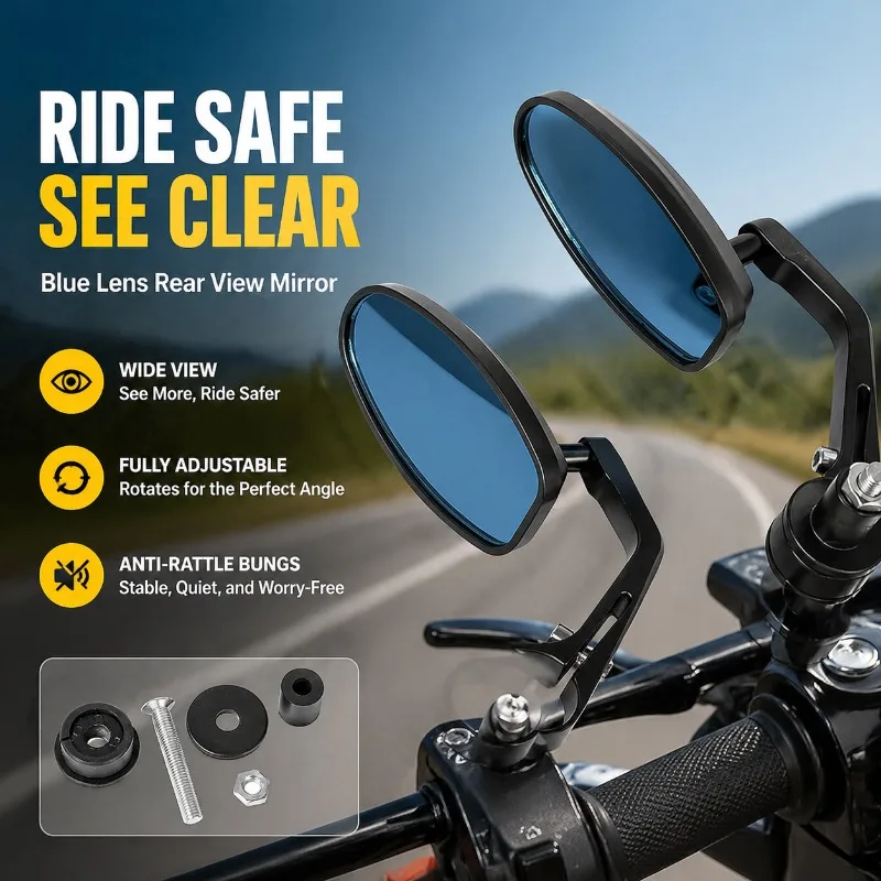 Motorcycle Electric Scooter Foldable Blue Lens Rear View Mirror, Rotatable Handlebar Mirror With Anti-Rattle Bungs