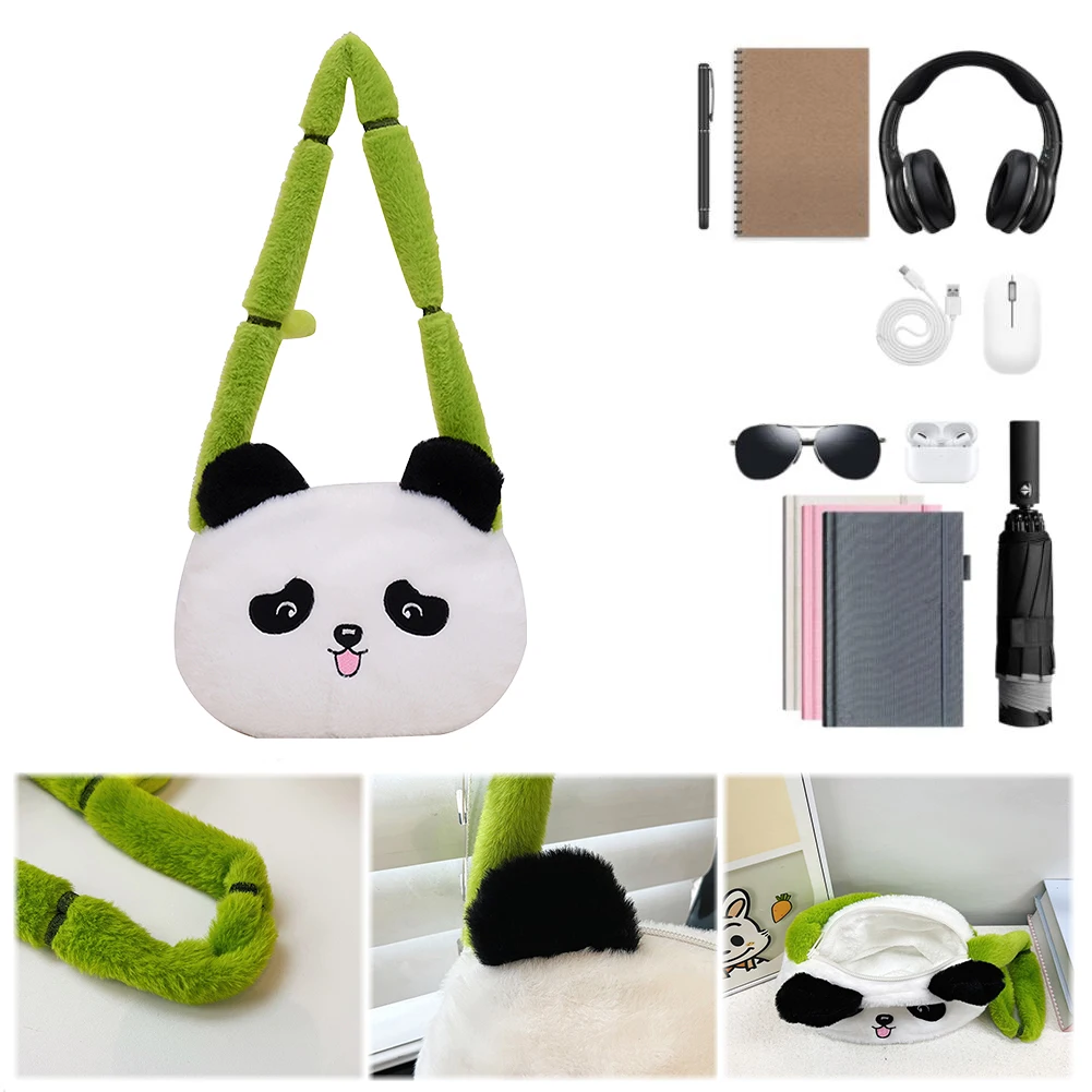 

Panda Shaped Plush Handbag Women Crossbody Bag Cute Hobo Bag Bamboo Shaped Strap for Travel Shopping