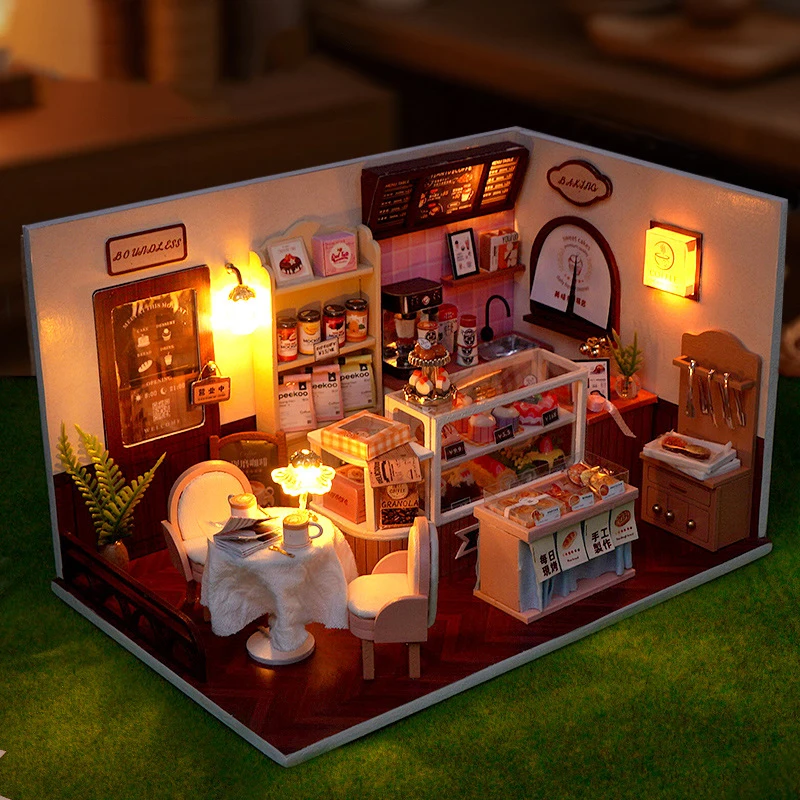 Zestaw do samodzielnego montażu drewnianego modelu miniaturowego sklepu, domków dla lalek 3D z meblami i oświetleniem, idealny na prezent urodzinowy dla przyjaciół.