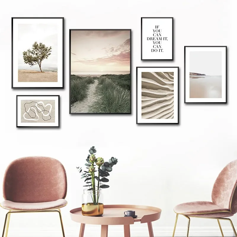 Pintura en lienzo impresa, arte minimalista nórdico, póster de árbol de hierba y arena, imagen artística de pared para sala de estar, decoración moderna del hogar