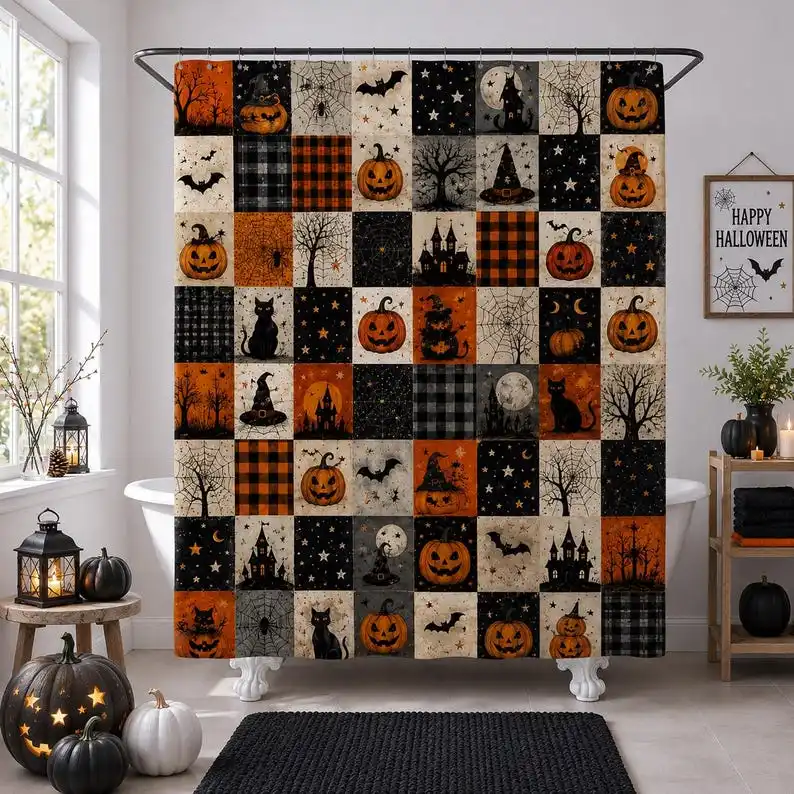 Vintage Halloween Patchwork Shower Curtain, Spooky Pumpkin Black Cat Bath Decor, Country Farmhouse Gothic Bathroom Decor, GIFT 2026