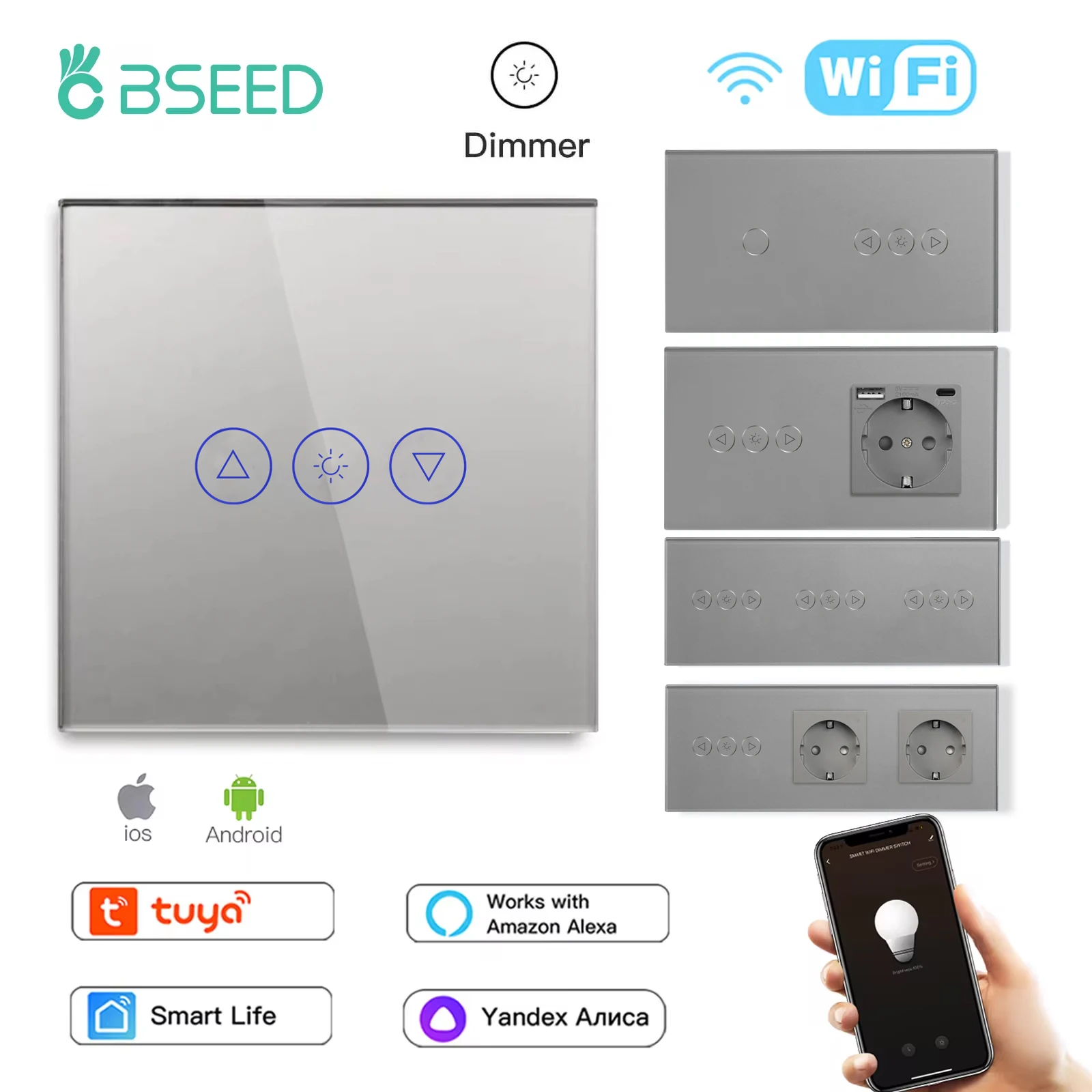 BSEED Wifi Dimmer Switch 1Gang1Way Smart Touch Switches LED Lamps Plus EU Socket Plug With USB Type-c Tuya Smart Life App 10A