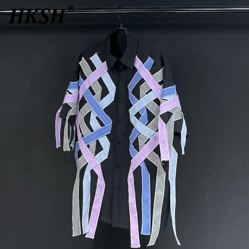 

HKSH Original Design Black Short Sleeve Shirt Retro Spliced Trendy Summer New Shirt Customized Shirts Color Contrast Tops HK1858