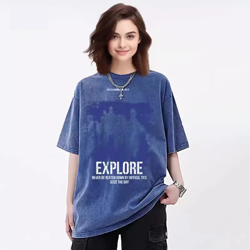 Graphic T Shirts Women Men Retro Washed Short Sleeve T-shirt Fashion Oversized T Shirt Streetwear