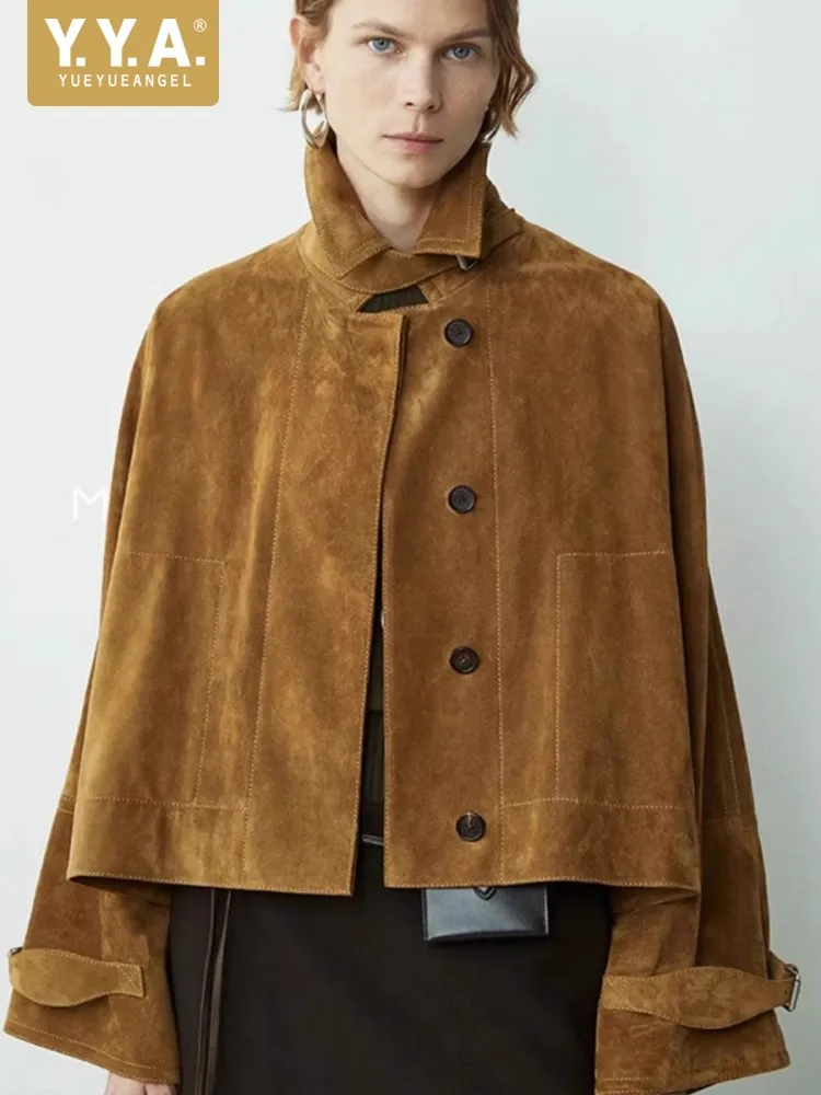 Genuine Leather Goatskin Suede Women Jacket Loose Fit Shawl Cloak Jackets Turndown Collar Real Sheepskin Outerwear Short Coat