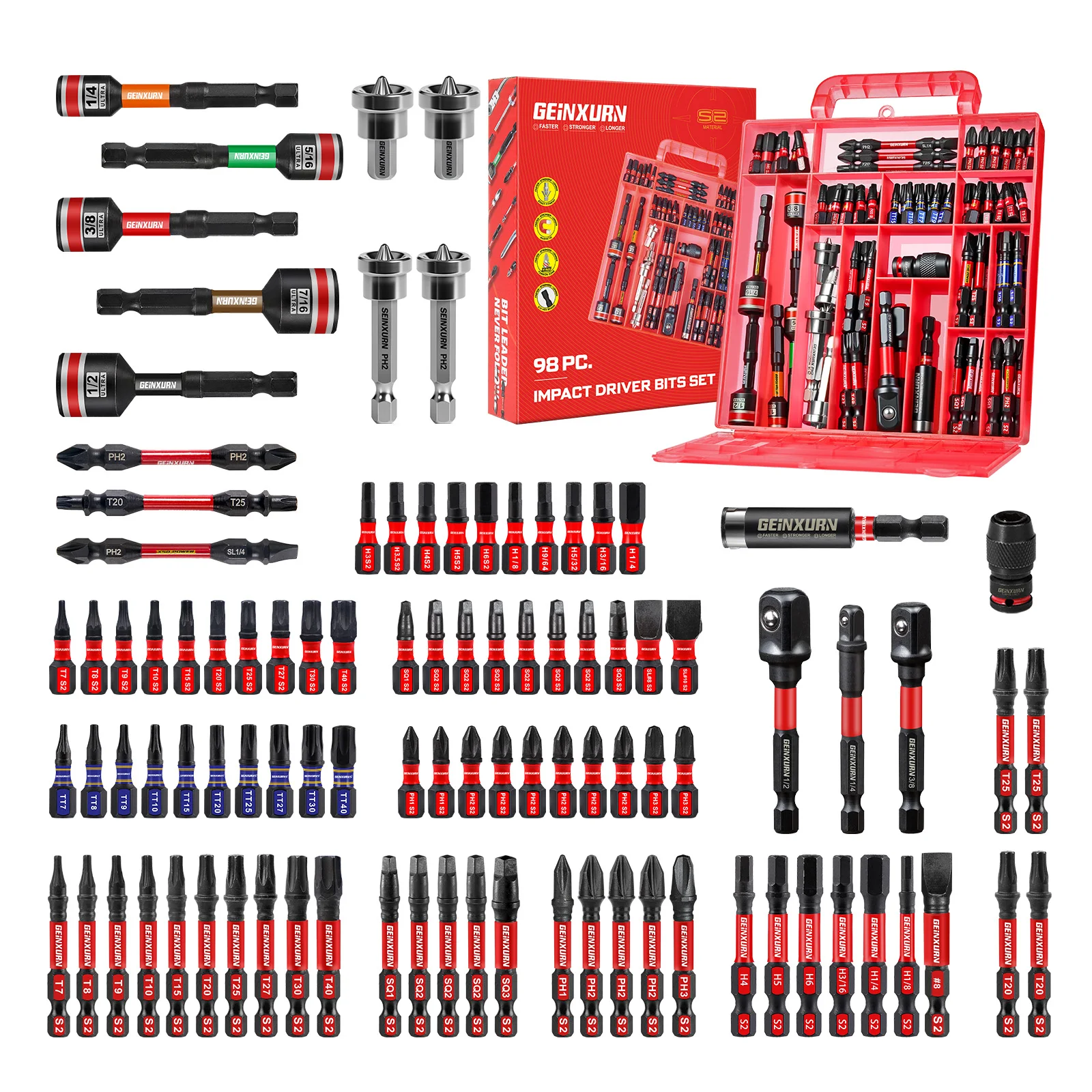 Geinxurn 98PCS  1”/2” Impact Screwdriver Bits Set, Magnetic  Driver Bits Tips,Drywall Screw Setter with Storage Box Case