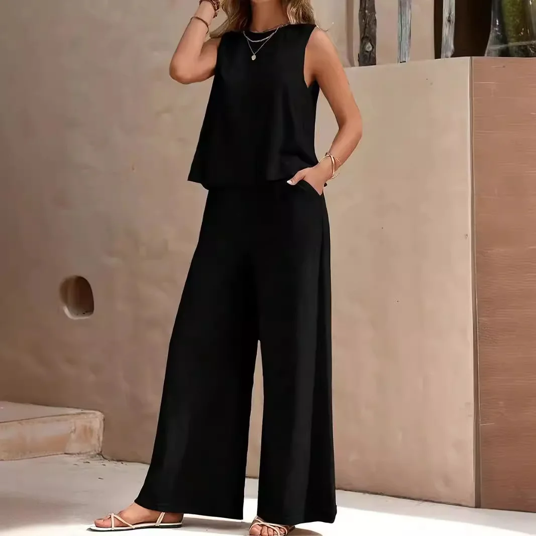 2024 New Summer Women's Fashion, temperament, casual, solid color, elegant two-piece set with round neck vest and wide leg pants