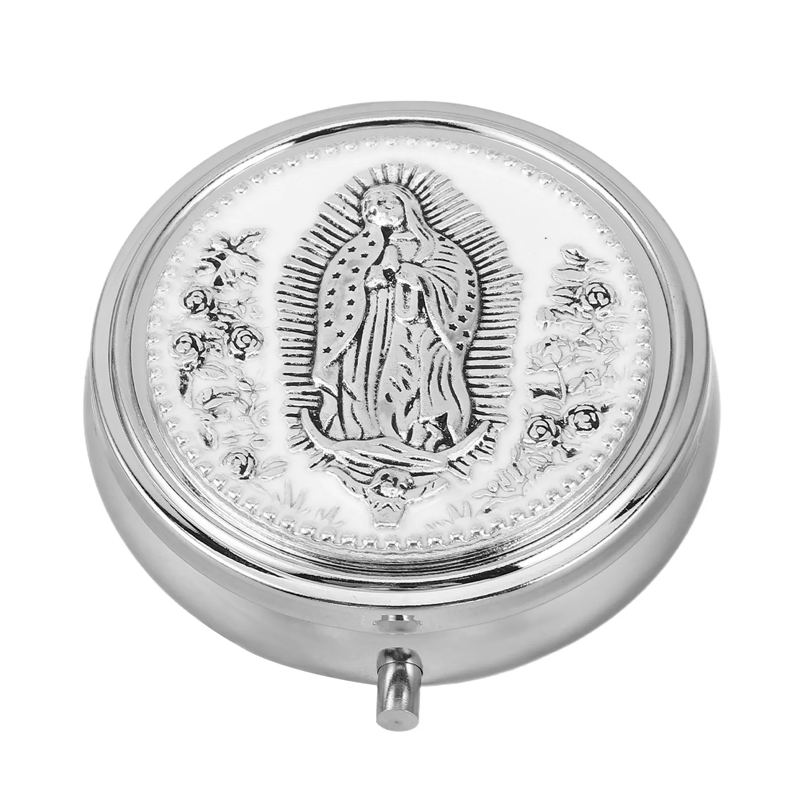 Rosary Jewelry Box Catholic Keepsake Case Metal Round Design with Elegant Rose Pattern for Prayer Beads Necklaces Rings