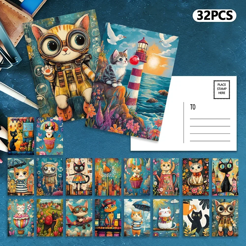 32pcs, color-block cats, postcards, decorations/greeting cards/postcards, high-definition printing, collectible and mailable