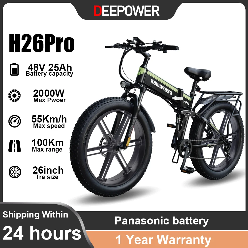 

Deepower 2000W Electric Bike 26 Inch Fat Tire Adult Ebike 48V 25AH Mountain Off-Road All Terrain Electric Bicycle