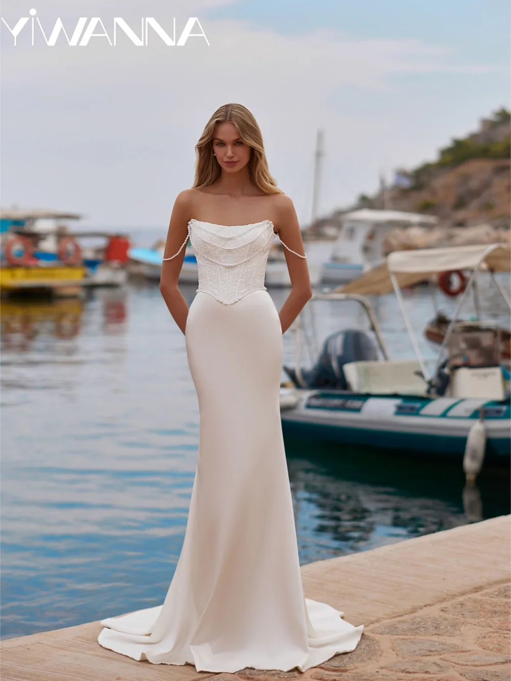 Ivory Sparkly Pearls Chain Wedding Dress Elegant Satin Mermaid Long Bridal Gown 2026 Customized Strapless Dresses For Bride
