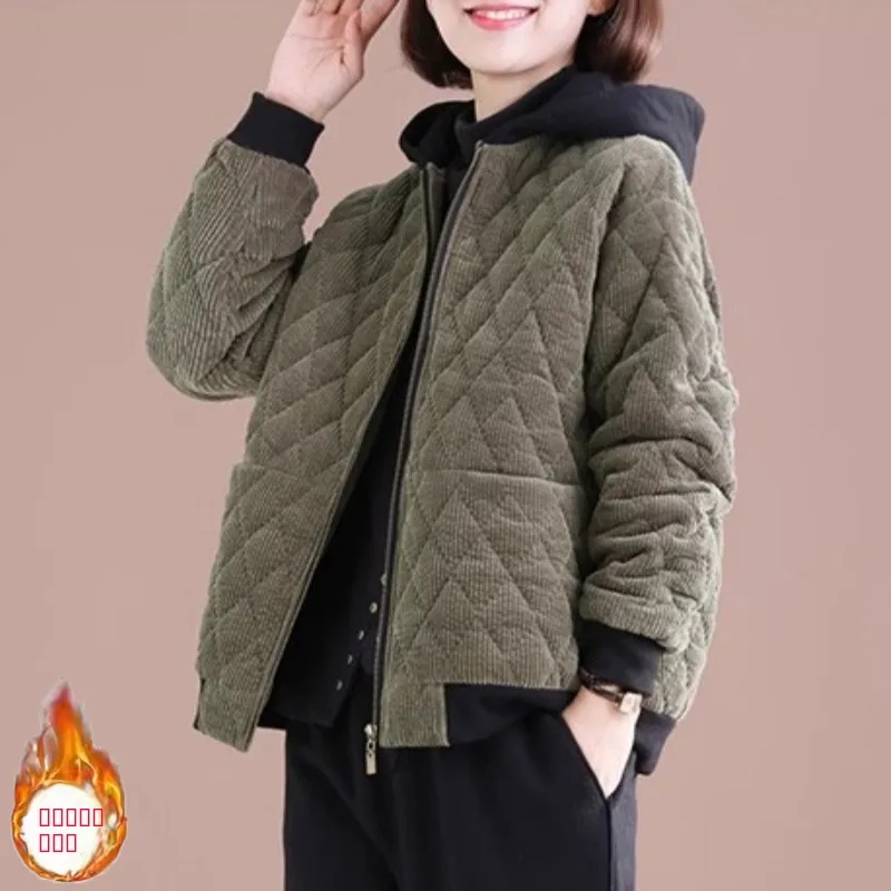 

Женская утепленная хлопковая куртка 2026 года, новая модель, большие размеры, осенне-зимняя, с капюшоном, в корейском стиле, свободного кроя, бархатная верхняя одежда