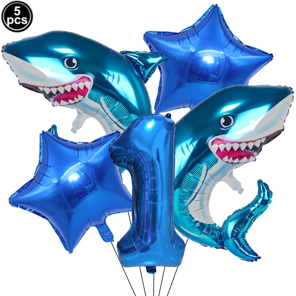 5pcs Cartoon Blue Shark Number Digital Balloons Set Boys Ocean Marine Animals Birthday Party Decor Supplies Kids Favor Gifts