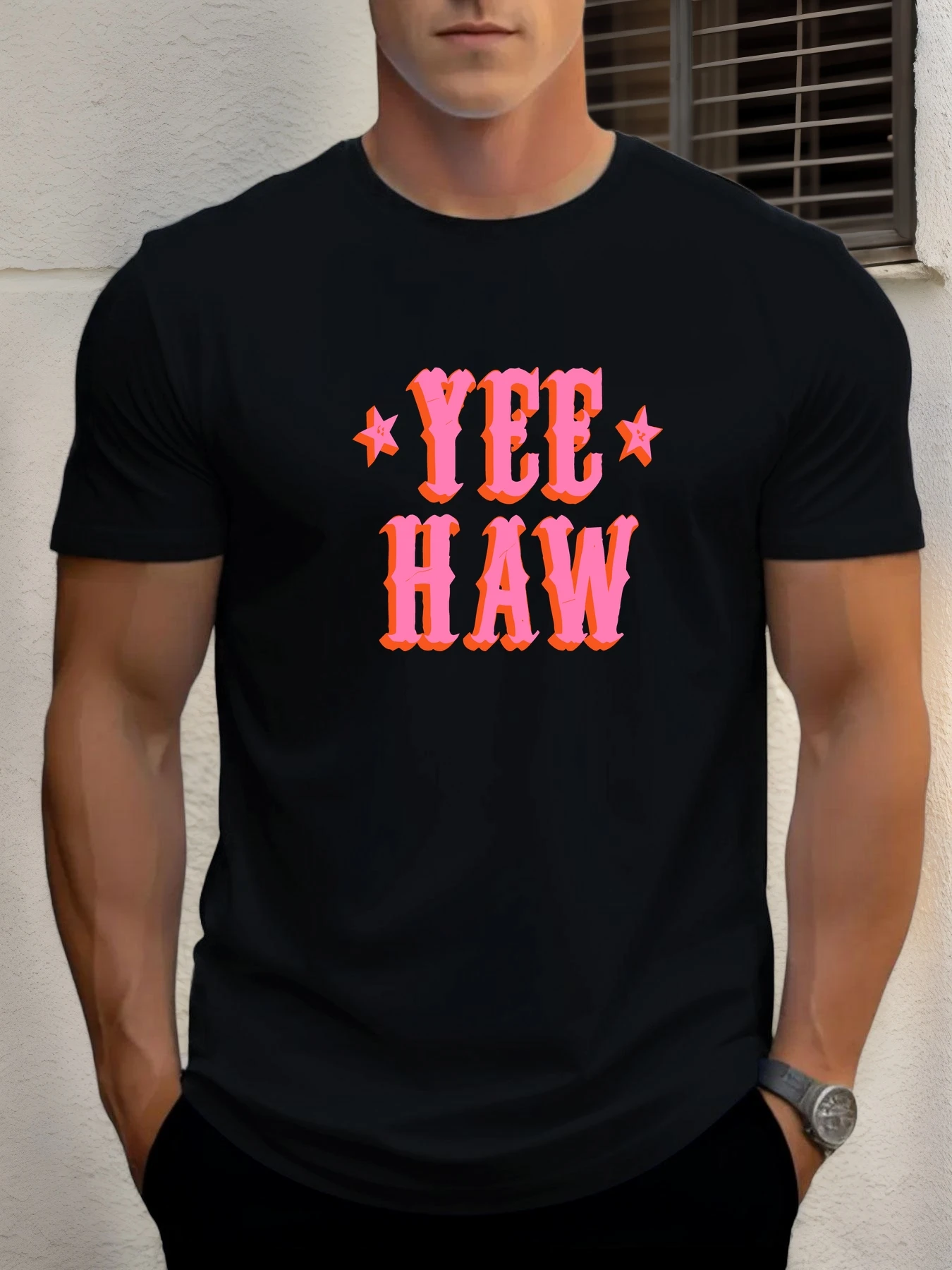 

Men's cotton T-shirt, summer round neck short sleeves, YEE HAW printed breathable street clothing fashion cool T-shirt