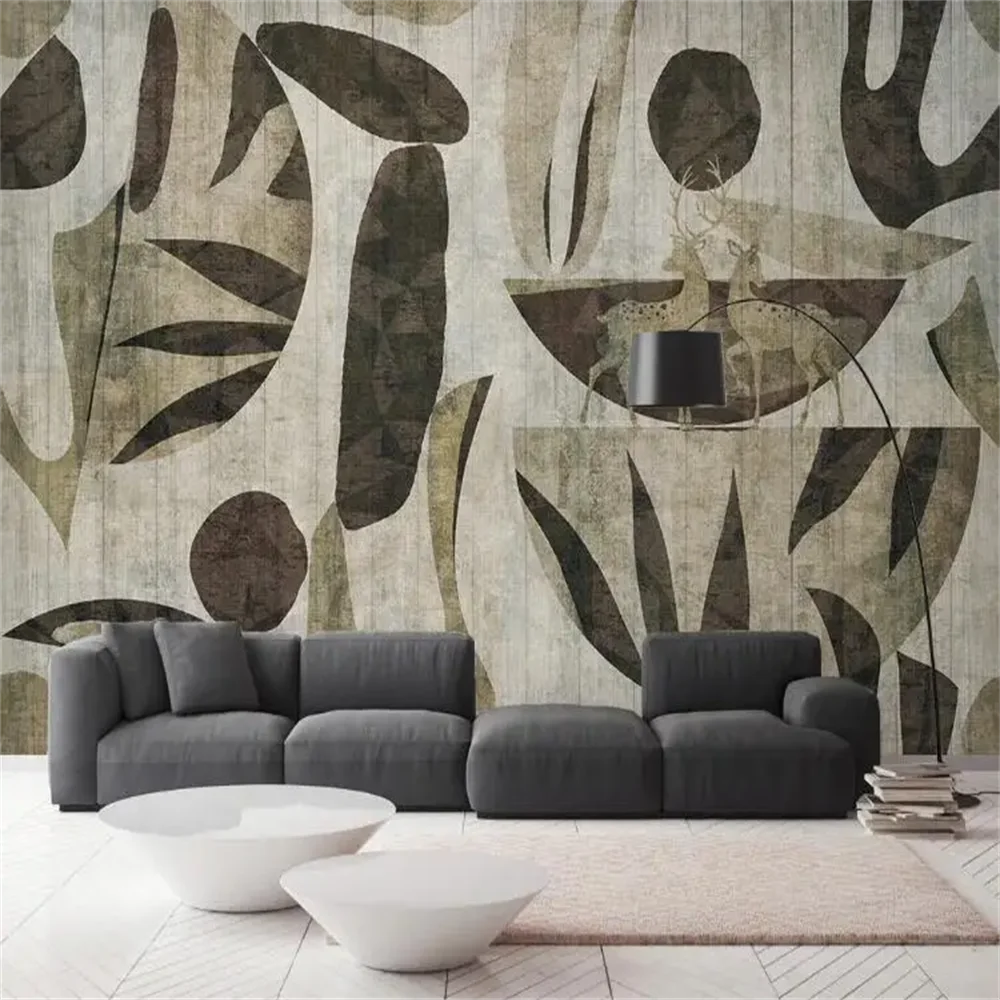 Custom Photo Wallpaper for Living Room TV Sofa Bedroom Wall Painting 3D Vintage wood plank elk plant mural Wall Paper Stickers