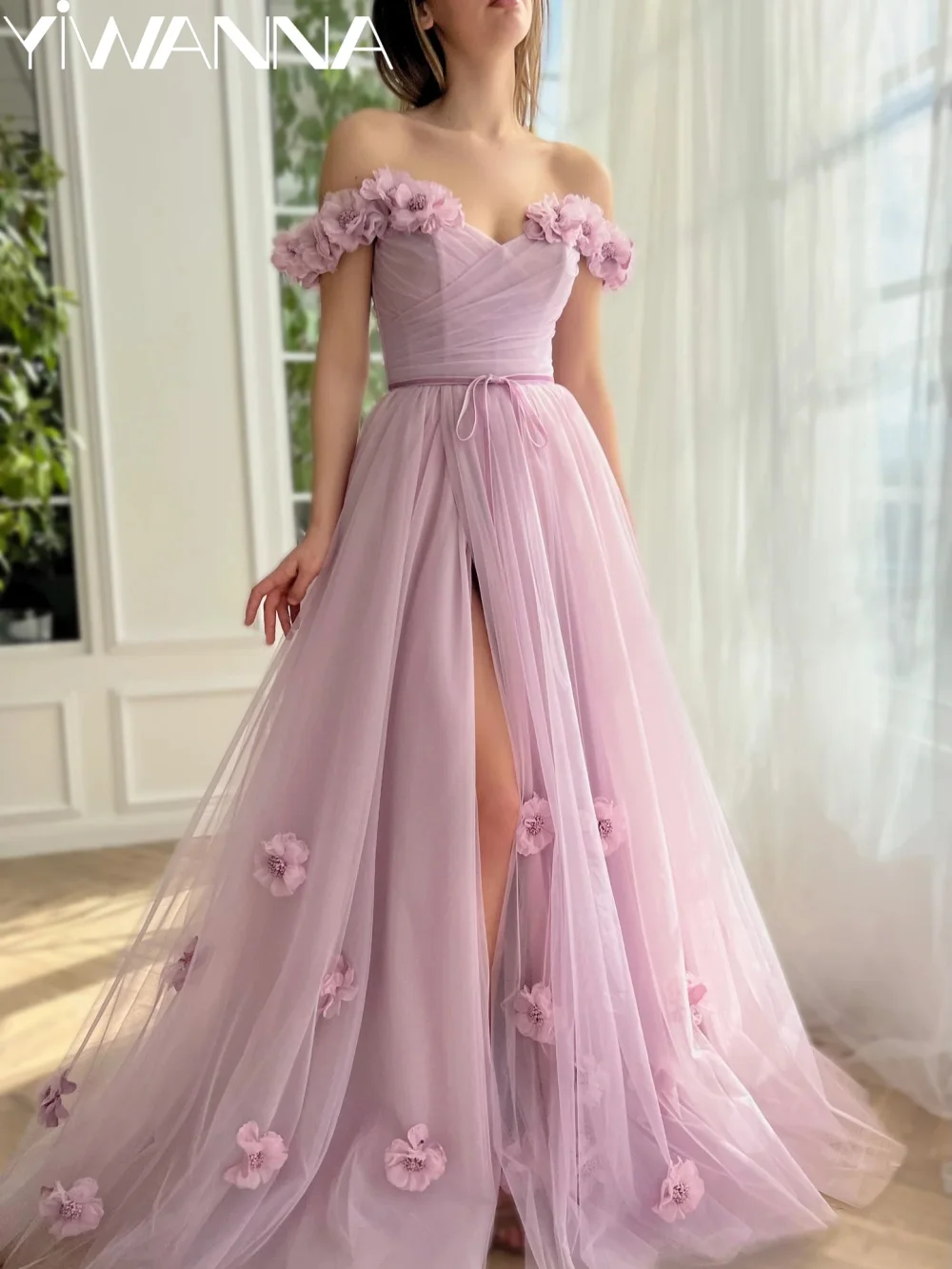

Light Purple 3D Floral Evening Dress With Slit Off Shoulder A-line Tulle Long Wedding Party Gown New Customized Prom Dresses