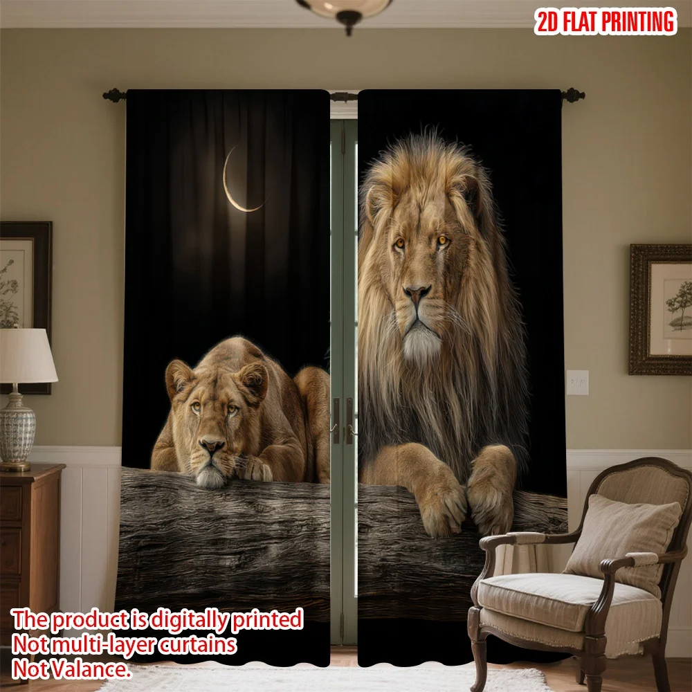 

2D flat printing 2pcs Scene Curtain Lions Resting Under Moon Digital Printed Polyester Drapes Holiday Decorations Use for