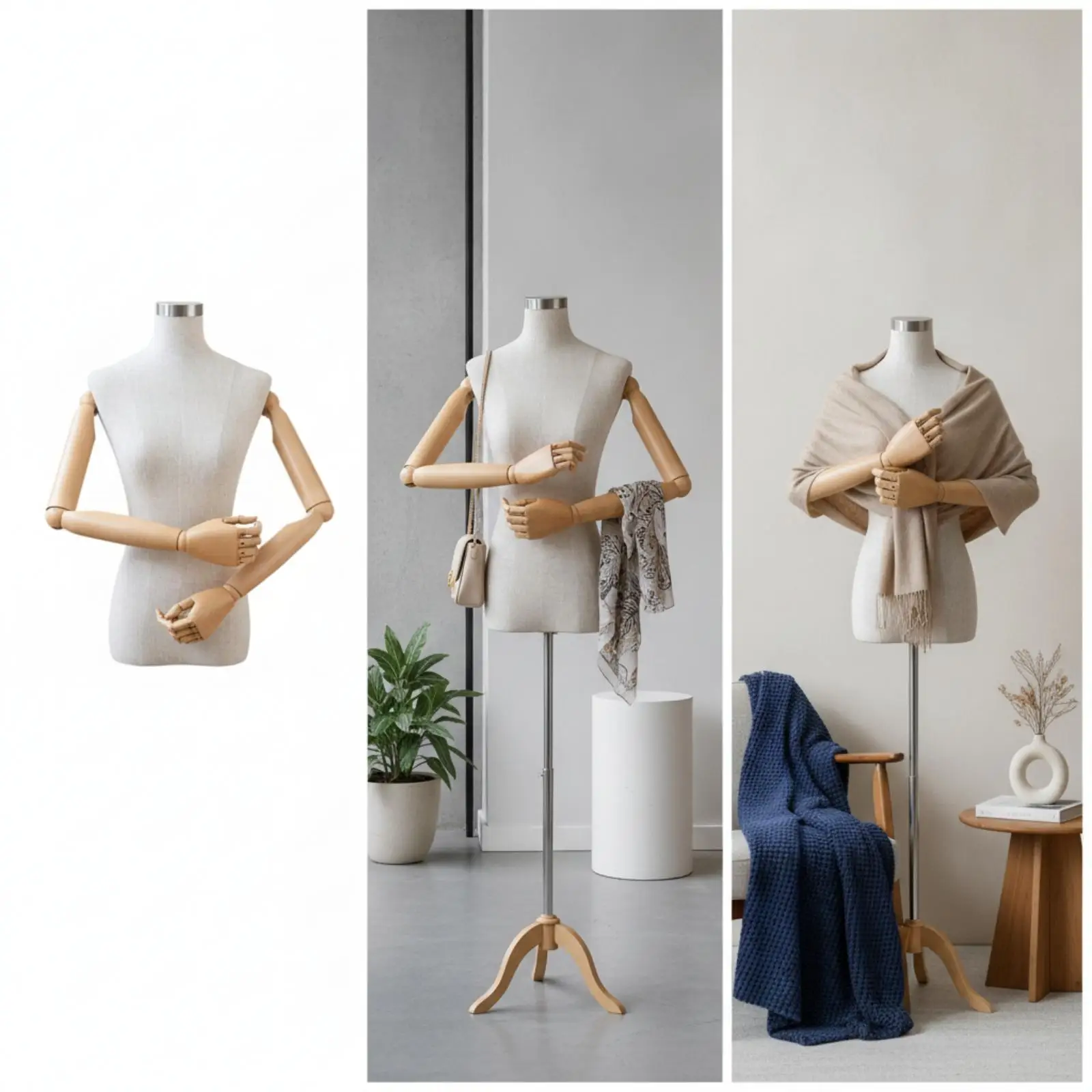 Mannequin with Wooden Arms clothCovered Female Mannequin Torso Half-Body Torso with Wooden Arms for Stylists, Clothing Stores,