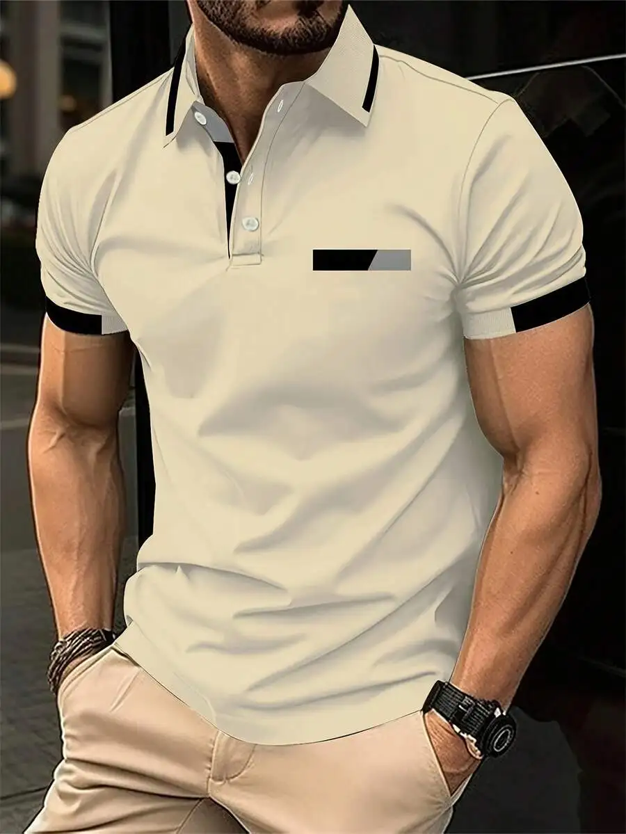 

Men's Beige Short Sleeve Polo Shirt with Contrast Trim and Chest Patch
