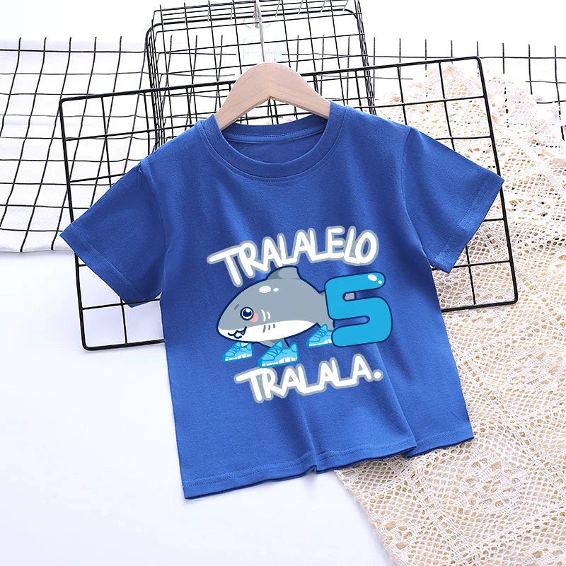

Italian Brainrot Theme Birthday Number T Shirt Blue Tralalero Tralala Clothes Summer Child Short Sleeve Tees Casual Tops Gifts
