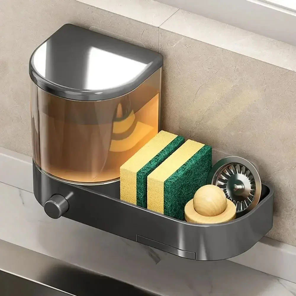 With Drain Tray Wall Mounted Soap Dispenser Large Capacity with Sponges Holder Dishwashing Liquid Holder Space Saving Waterproof