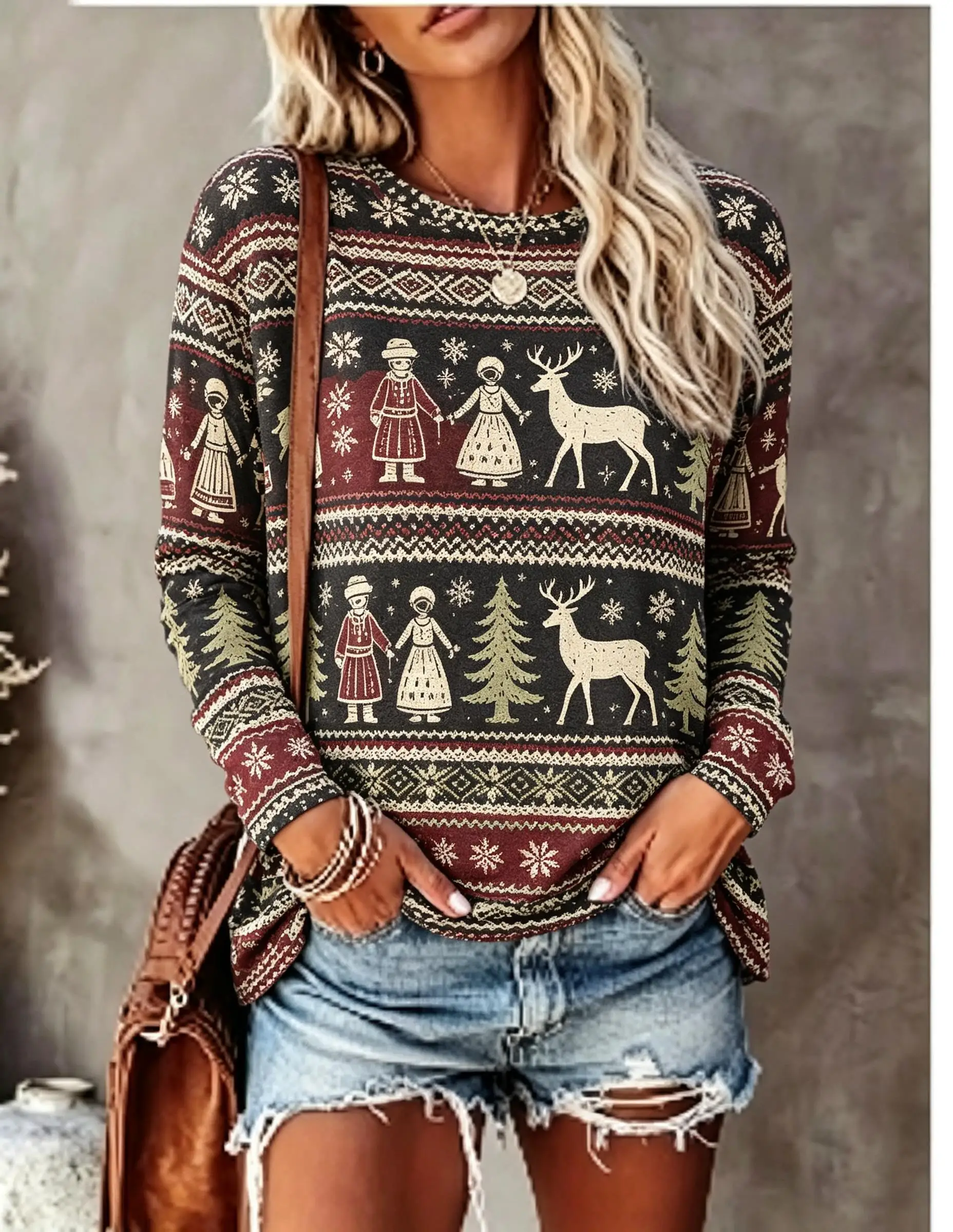 Women Christmas Long Sleeve T‑Shirt Ugly Sweater Style Reindeer Tree Snowflake Print Crew Neck Tops - view 5