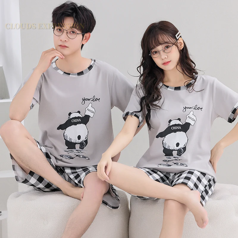 Summer New Knitted Cotton Couple Cartoon Men\'s Pyjamas Red Pajamas Set Casual Male Sleepwear Pyjamas Night Pijamas 3XL Homewear