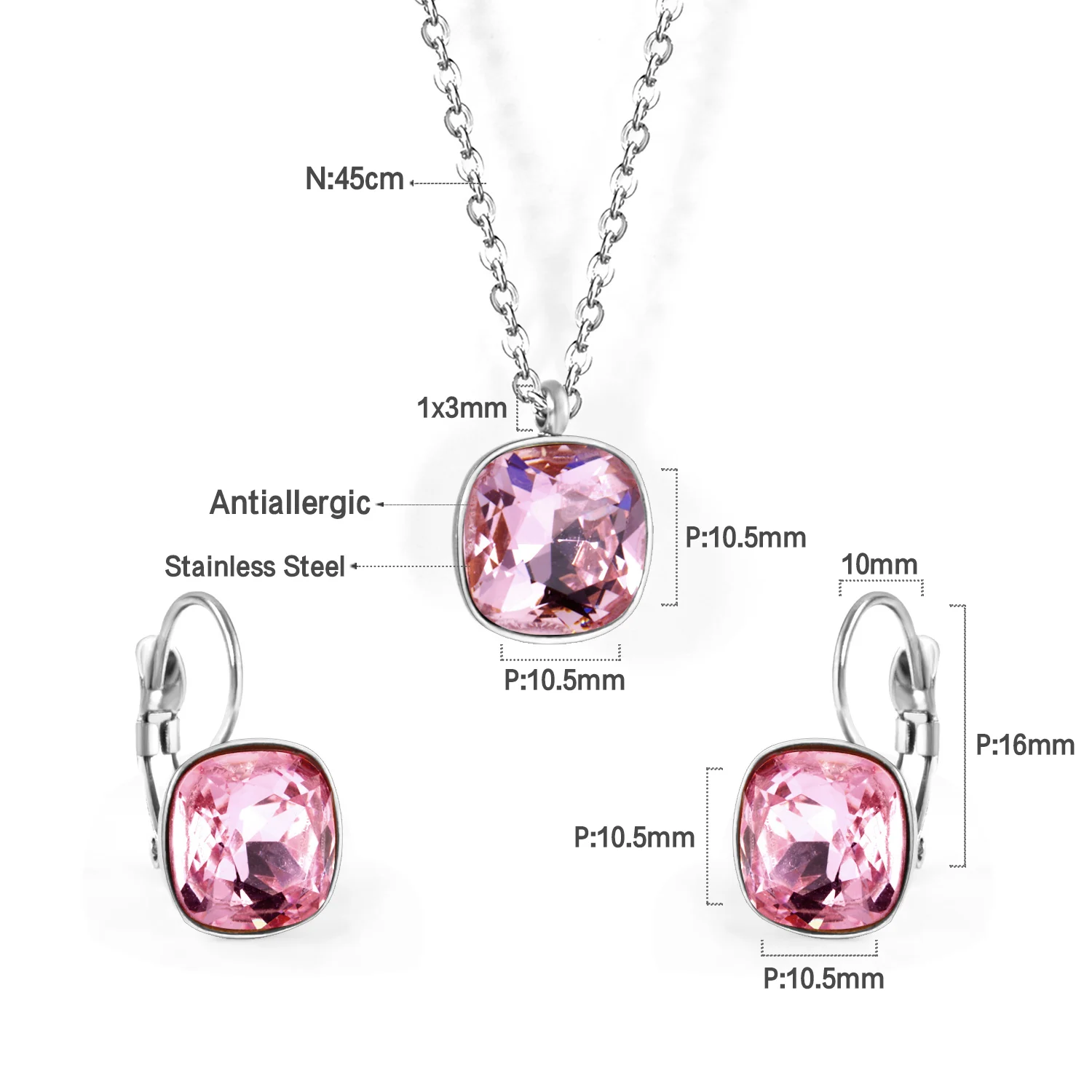 Square Zircon Necklace & Earring Set, Minimalist Elegant Jewelry