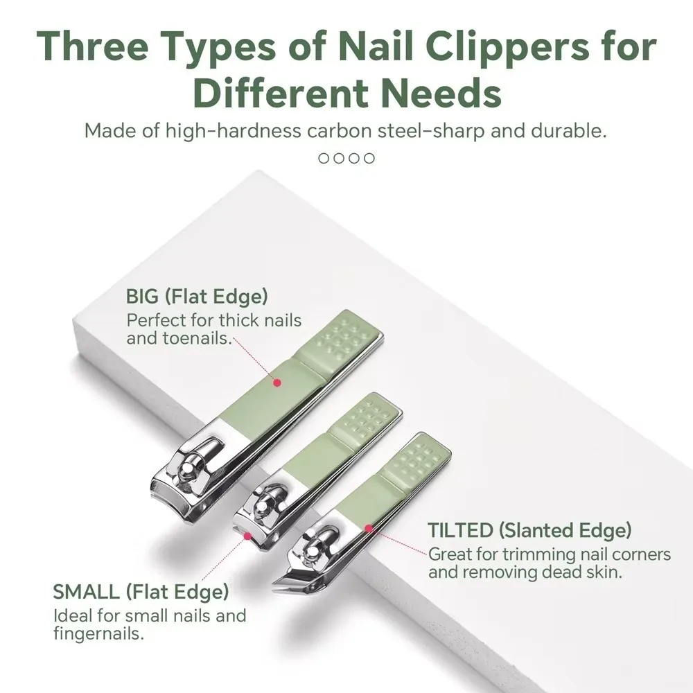 Set di tagliaunghie professionali in acciaio inossidabile da 16 pezzi con custodia da viaggio Set di pedicure con borsa in PU Borsa pieghevole verde matcha viola