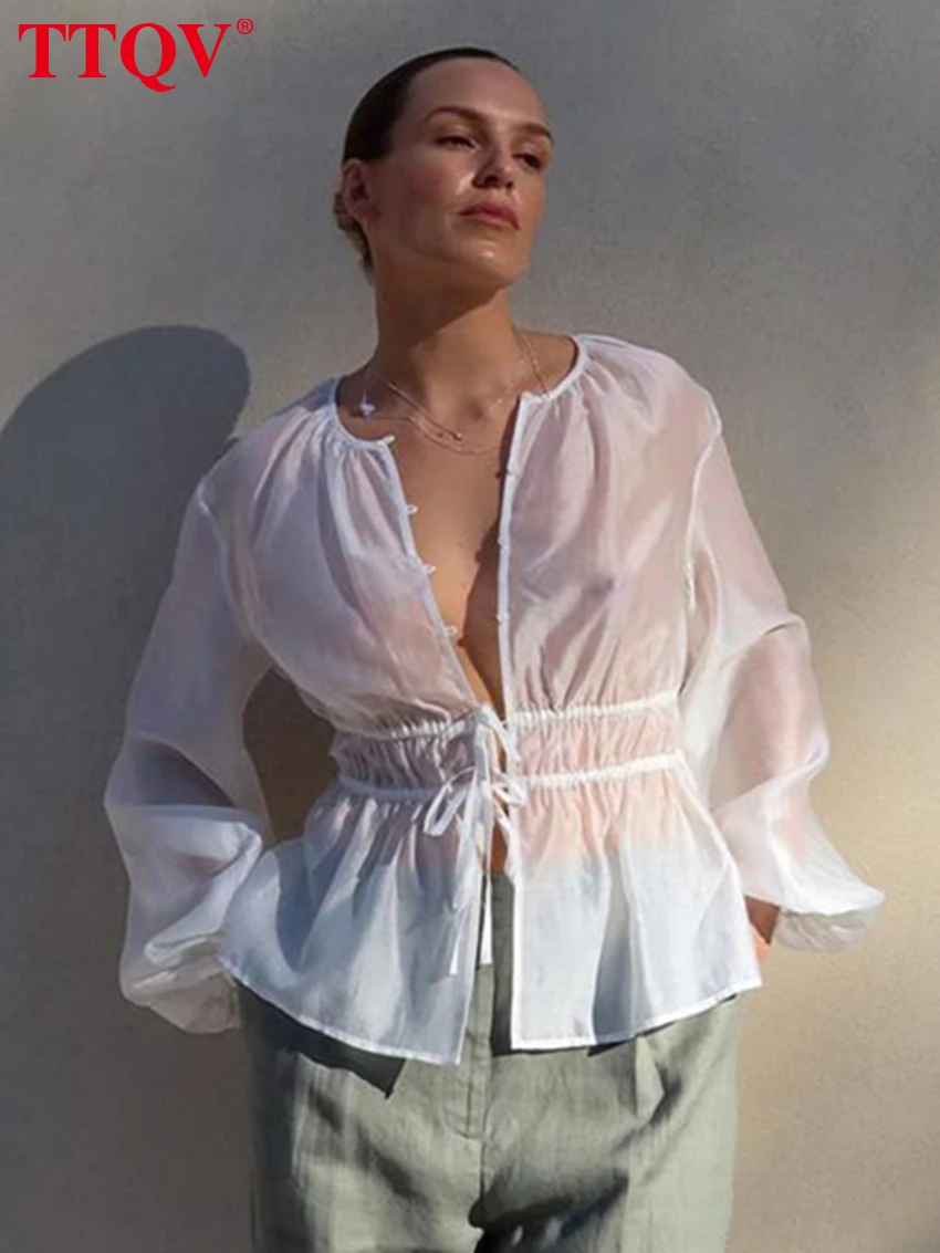 TTQV Sexy Loose White Women's Shirt 2026 Autumn O-Neck Long Sleeve Shirt Elegant Classic Lace-Up See Through Top Female Clothing