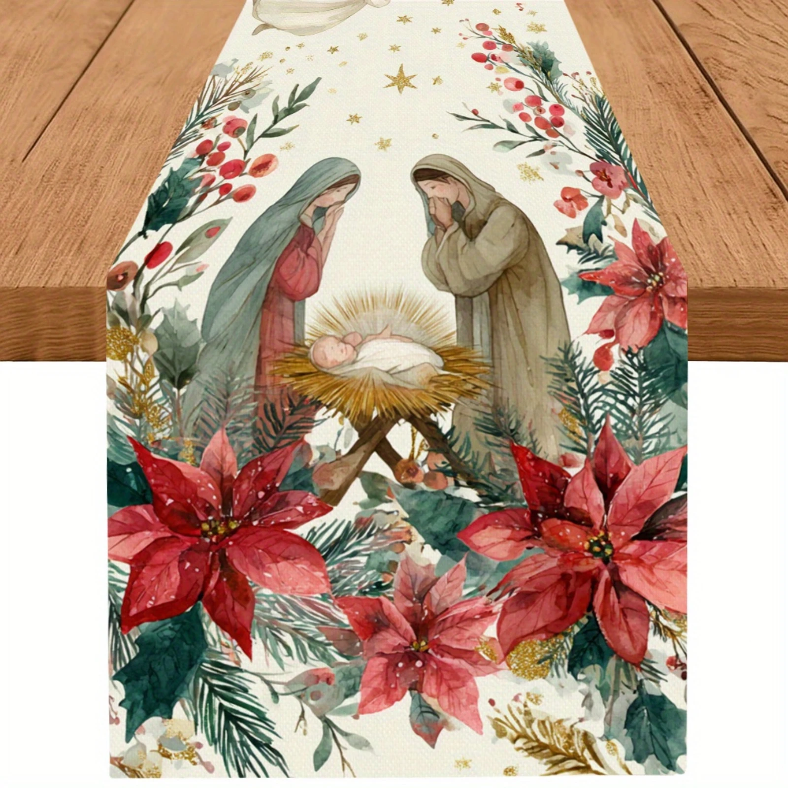 Christmas Table Runner Holy Family Nativity Scene with Mary Joseph Design Indoor Outdoor Holiday Decor Religious Home Decor
