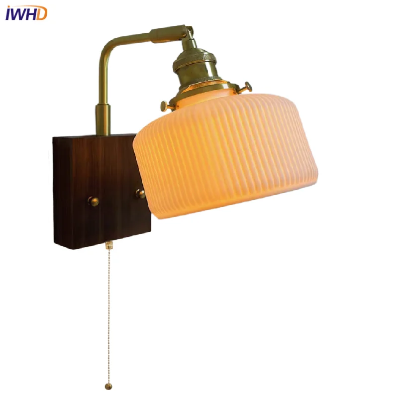 IWHD Rotatable Ceramic LED Wall Lights Sconce Living Room Aisle Bar Nordic Walnut Wood Pull Chain Switch Bedside Lamp Lamparas