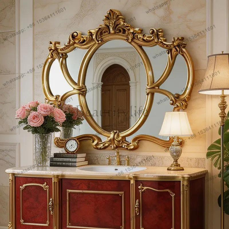French retro three-sided bathroom wall-mounted carved makeup mirror special-shaped luxury decorative mirror