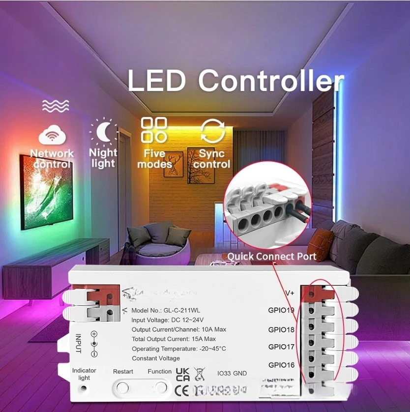 For PWM Dimming Controller with WiFi 5-in-1 APP Control DC12-24V 15A for Use with RGBW RGB CCT and Monochrome Strips