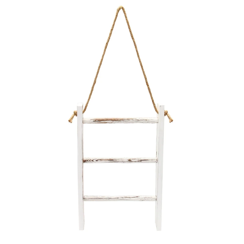 Wall-Hanging Towel Ladder Rustic Whitewashed Wood Countertop Ladder Farmhouse Decor Towels Rack With Adjustable Rope