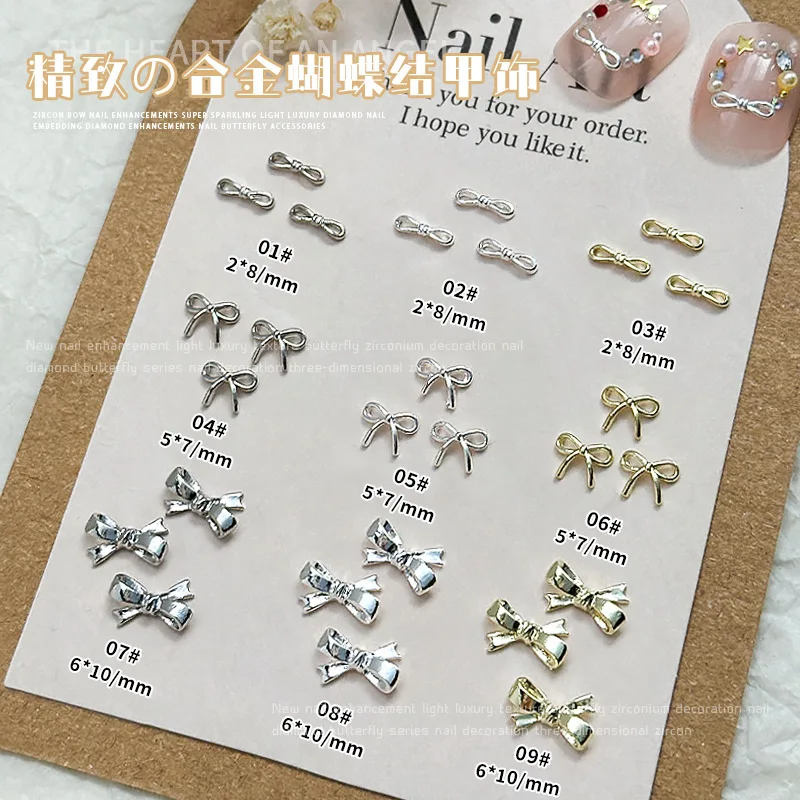 10 Stuks Nail Art Decoraties Legering Strik Nagel Bedels 3d Gouden/Zilveren Strik Nagel Steentjes Diy Manicure Accessoires