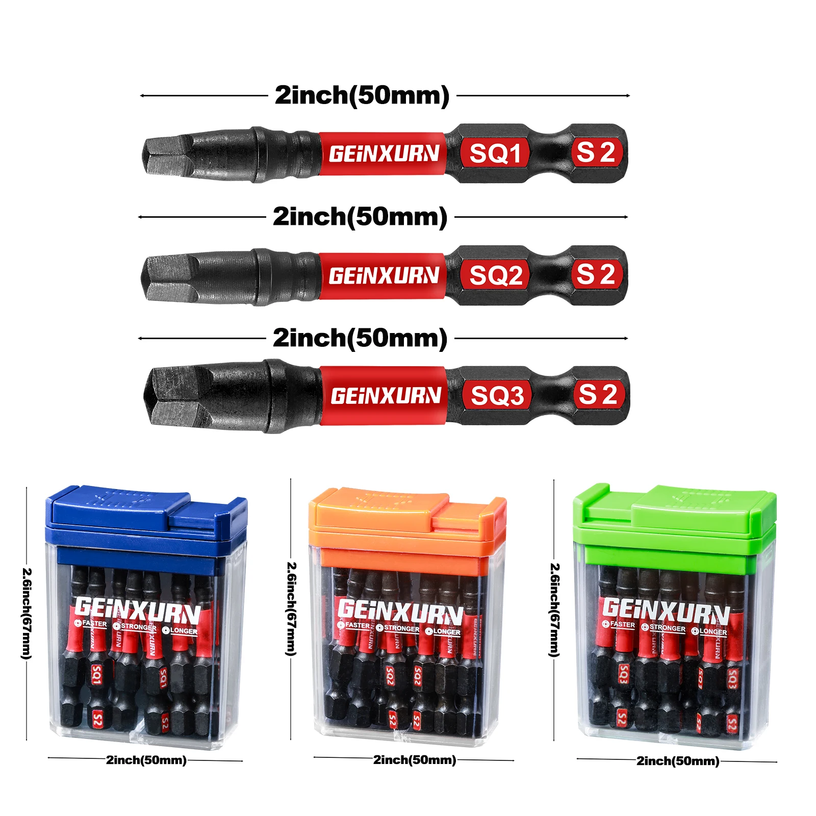 Geinxurn 15 Pcs Impact Square Magnetic (SQ1,SQ2,SQ3) S2 Steel Multi Driver Bits with Storage Colorful Box(Blue,Orange,Green)